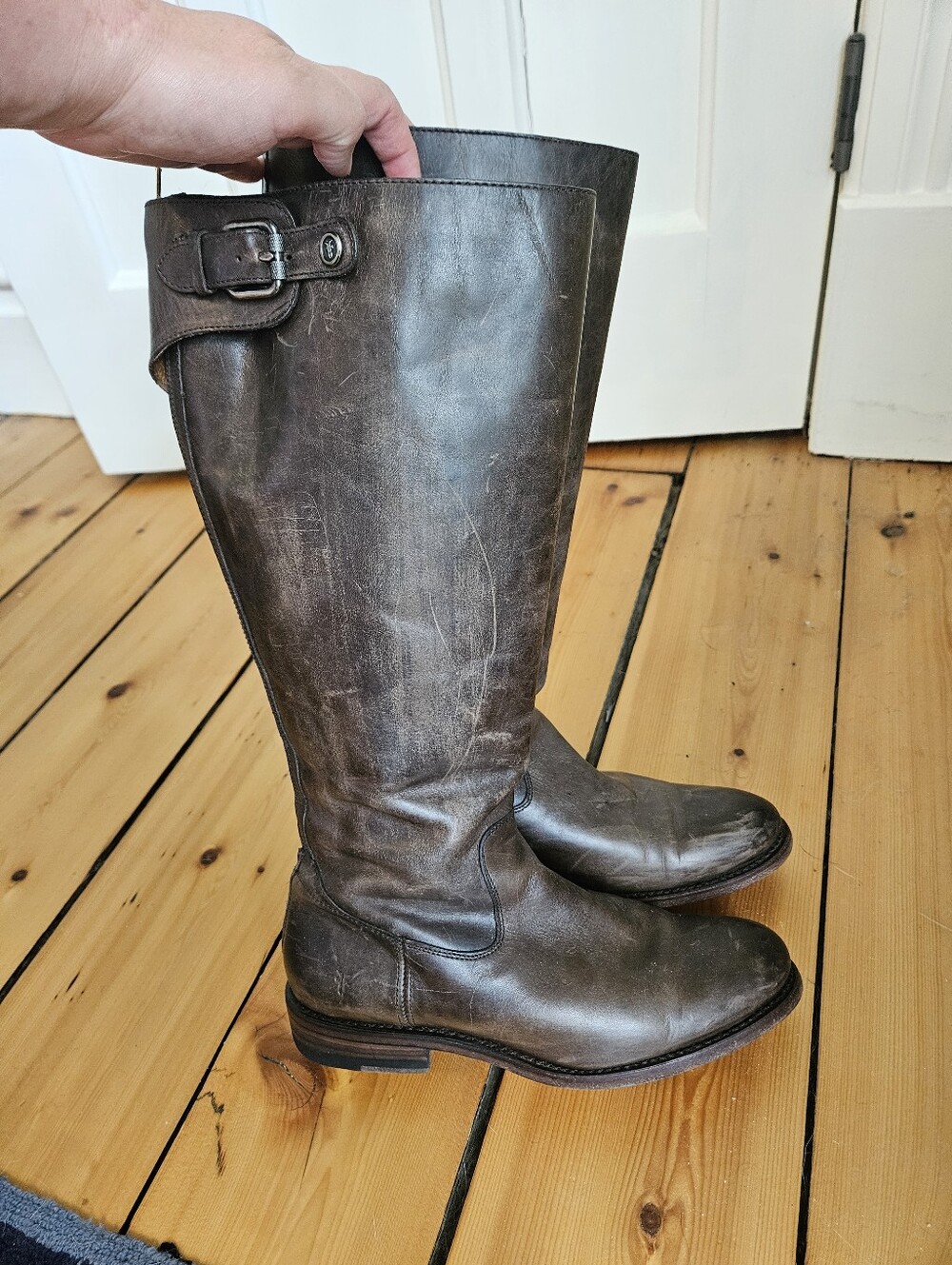 Frye Tall Leather Riding Boots in Distressed Brown